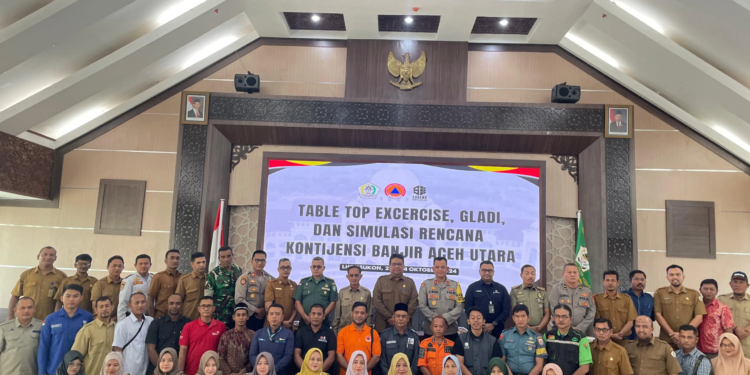 Puluhan peserta ikuti Gladi dan simulasi Renkon Bencana Banjir di aula Sekdakab Aceh Utara, Selasa (22/10/2024). (Foto/Dok.Yayasan Sabena)