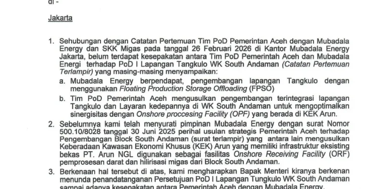 Pemerintah Aceh Surati Menteri ESDM, Perjuangkan Pengolahan Gas Tangkulo Blok Andaman di Wilayah Darat