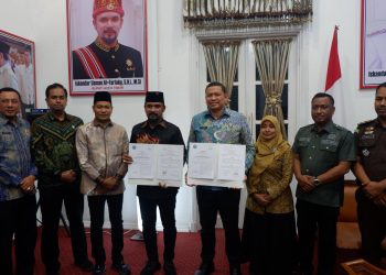 Penandatanganan nota kesepakatan ULT P4GN antara BNNP Aceh dan Pemkab Aceh Timur.