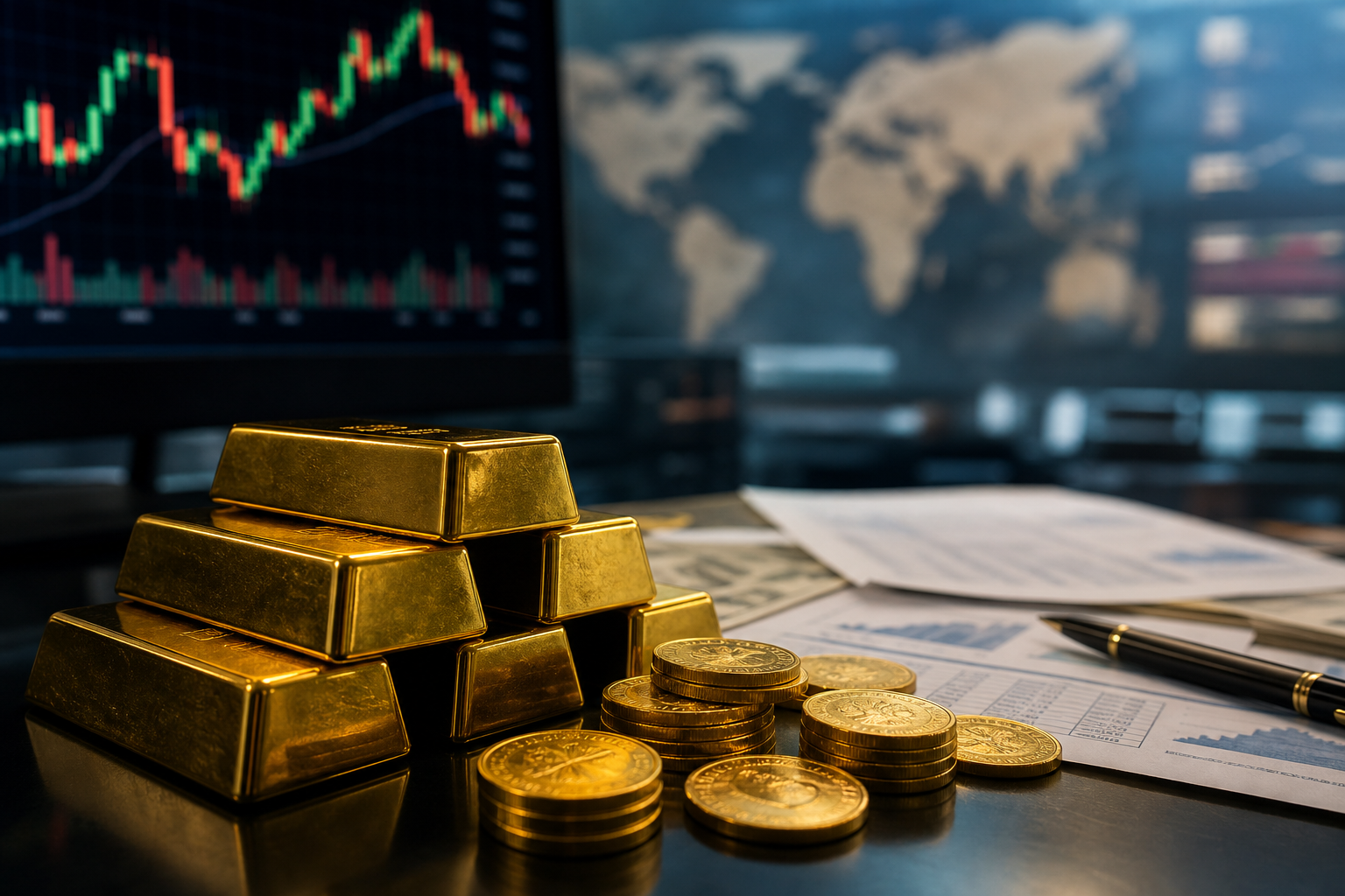 Ilustrasi emas dan chart pasar global