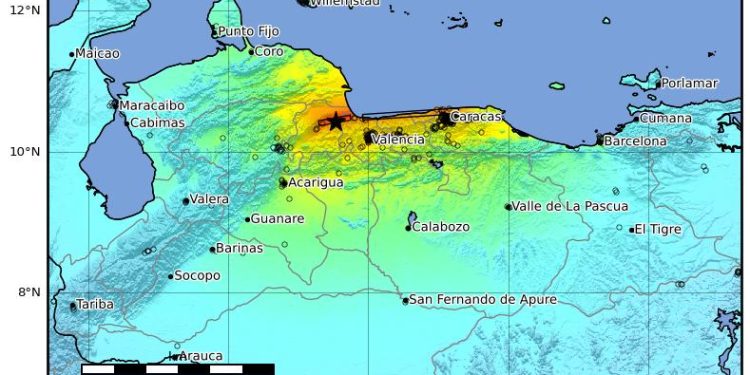 Peta intensitas guncangan gempa M7,5 Venezuela dari USGS ShakeMap