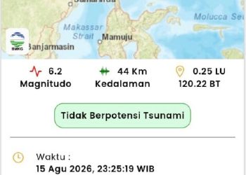 Peta informasi gempa magnitudo 6,2 di 74 km barat daya Parigi Moutong, Sulawesi Tengah