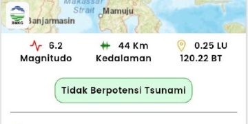 Peta informasi gempa magnitudo 6,2 di 74 km barat daya Parigi Moutong, Sulawesi Tengah