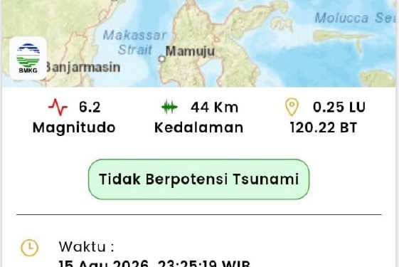 Peta informasi gempa magnitudo 6,2 di 74 km barat daya Parigi Moutong, Sulawesi Tengah